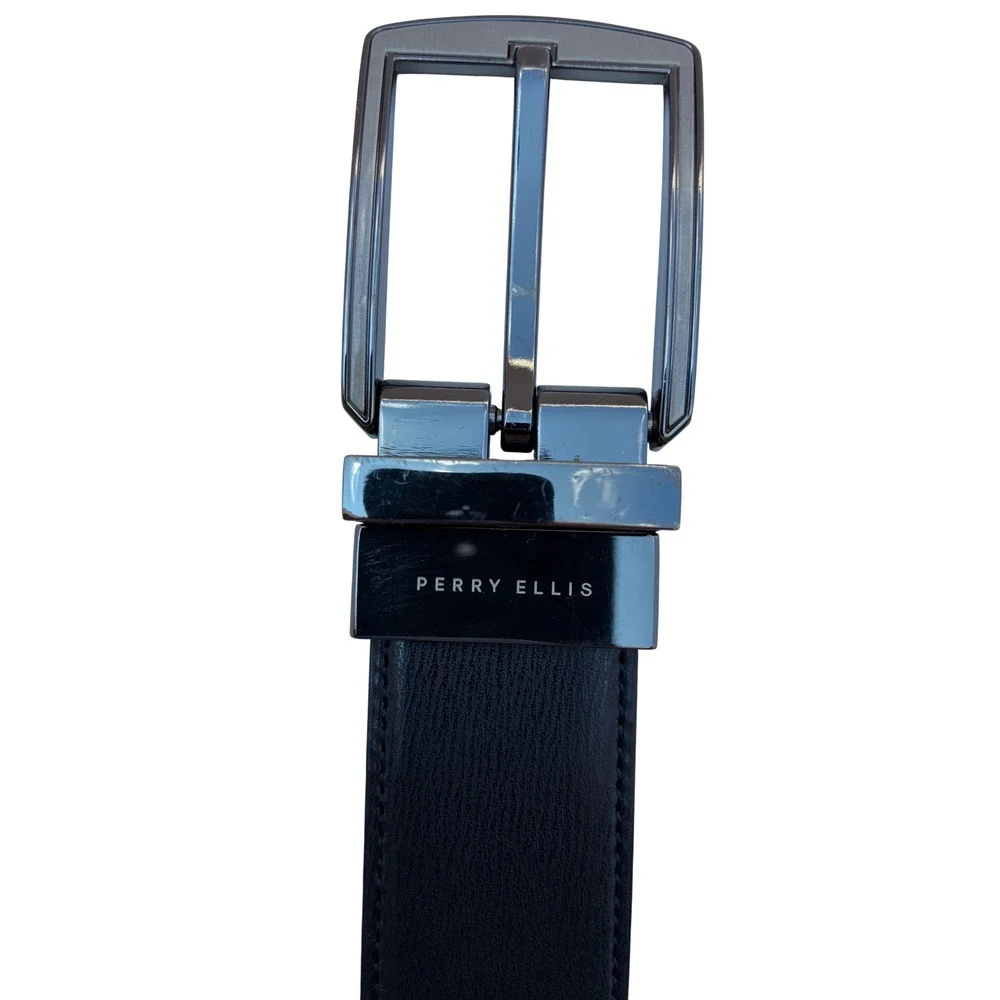 Perry Ellis Mens Reversible Leather Belt Black Brown Gunmetal Buckle 36 1P02071